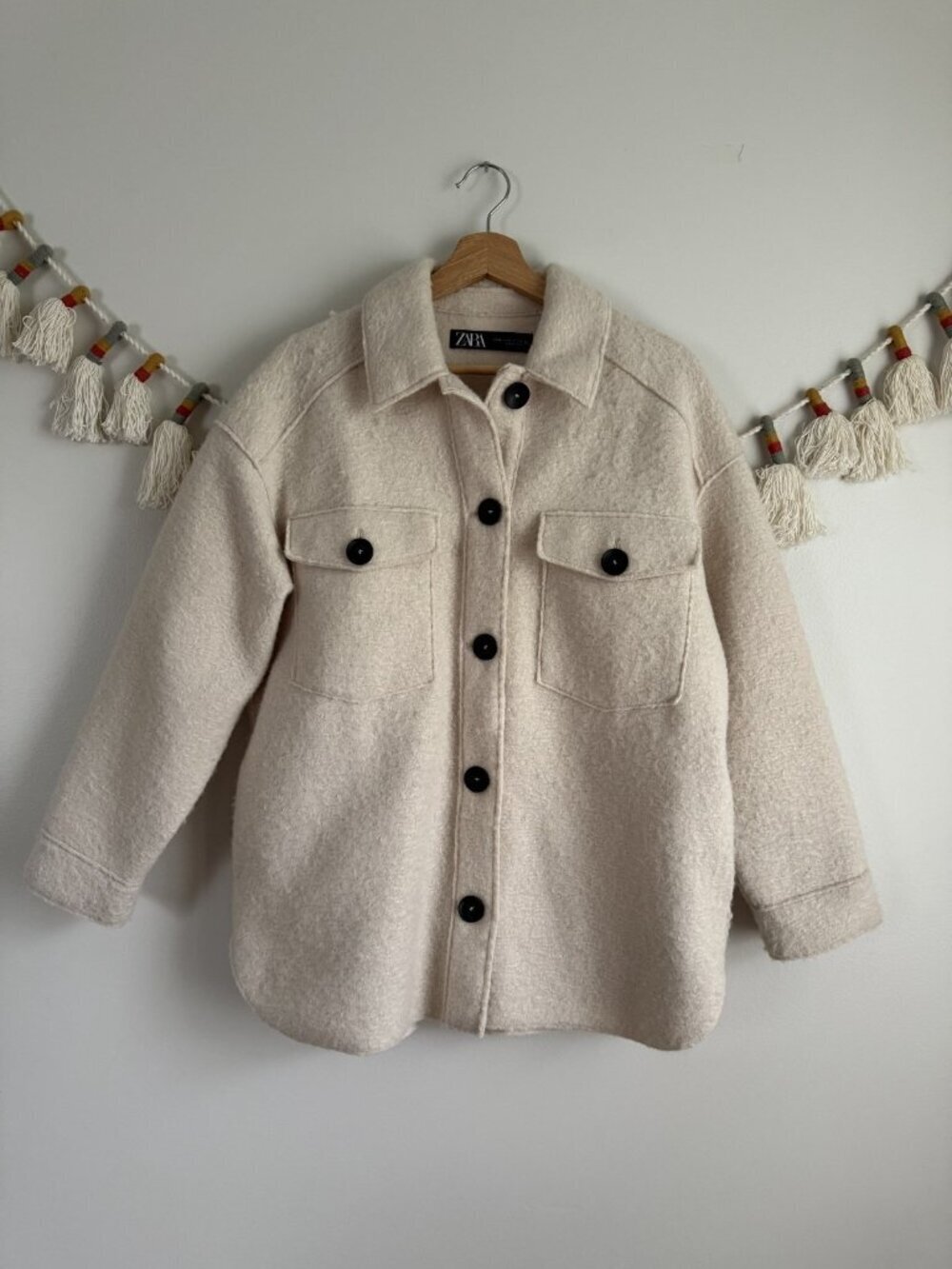 Zara Soft Overshirt Boucle Shacket Oversized Cream Neutral Preppy Minimalist XS